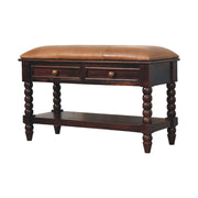 Vintage-Inspired Wooden Bench with Leather Seat and Storage Drawers